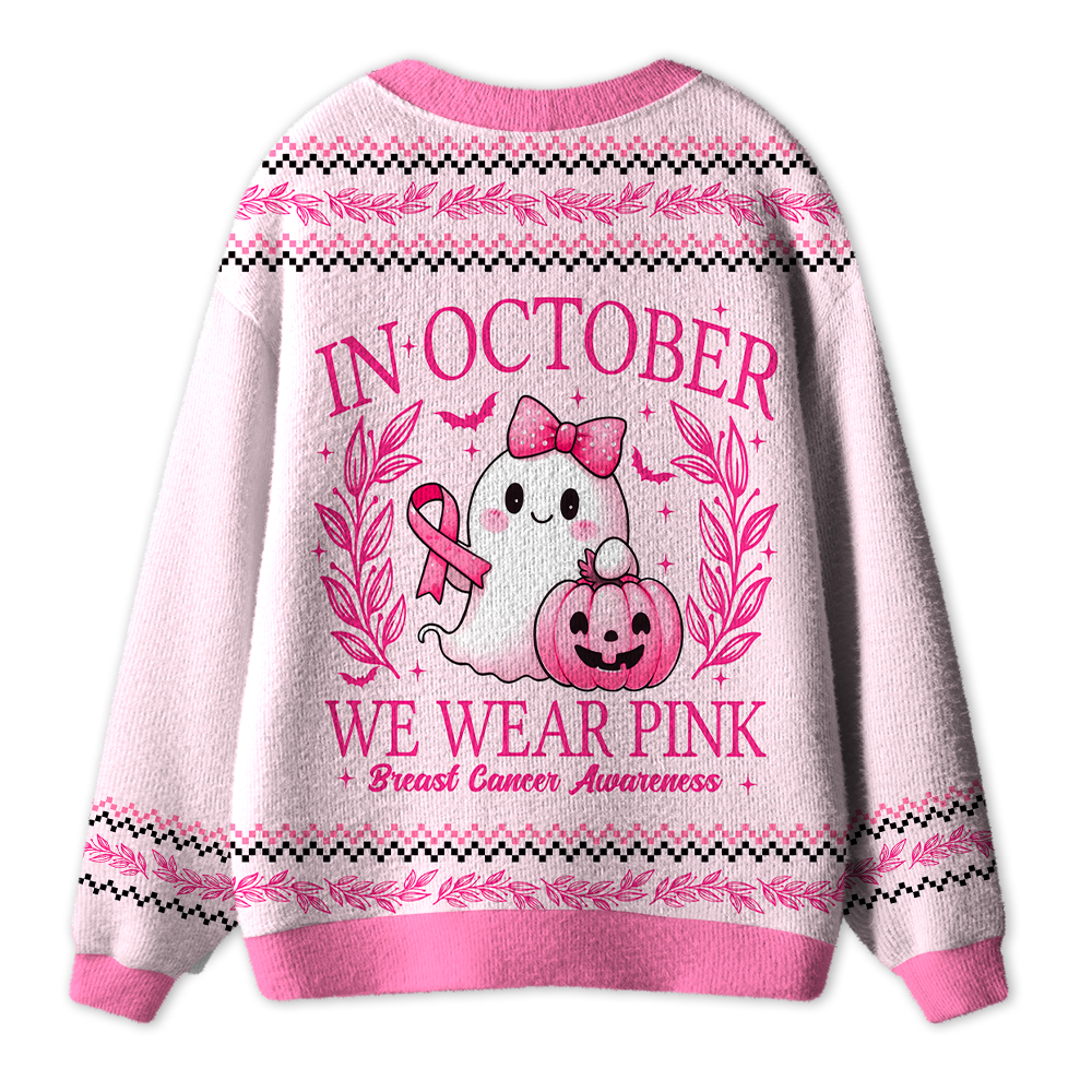 In October We Wear Pink Cute Ghost Pumpkin Ribbon Halloween Teacher Cardigan Sweater