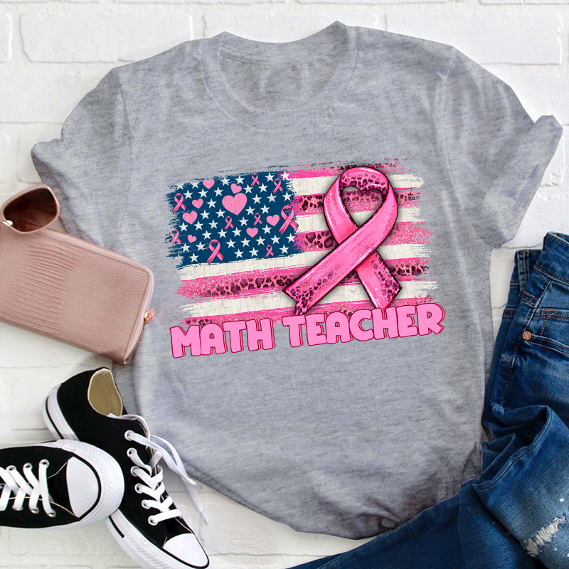 Personalized American Flag With Pink Ribbon Teacher T-Shirt
