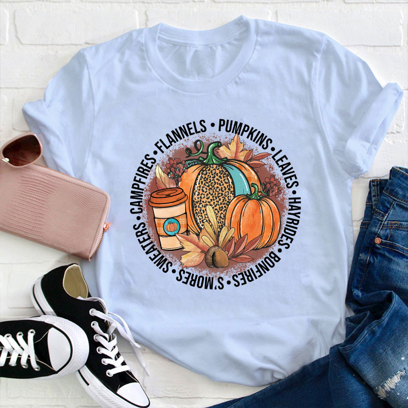 Pumpkin Leaves Hayrides Teacher T-Shirt