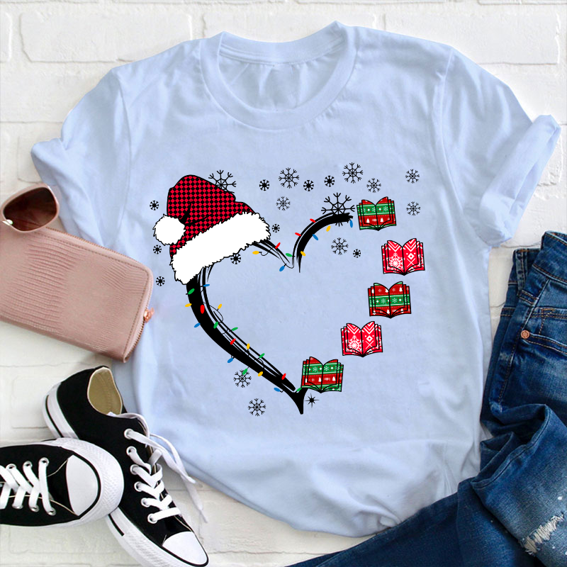 Christmas Books Heart Teacher T-Shirt