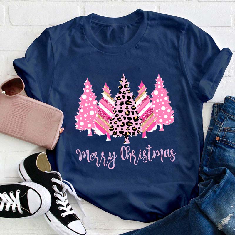 Merry Christmas Pink Christmas Trees Teacher T-Shirt