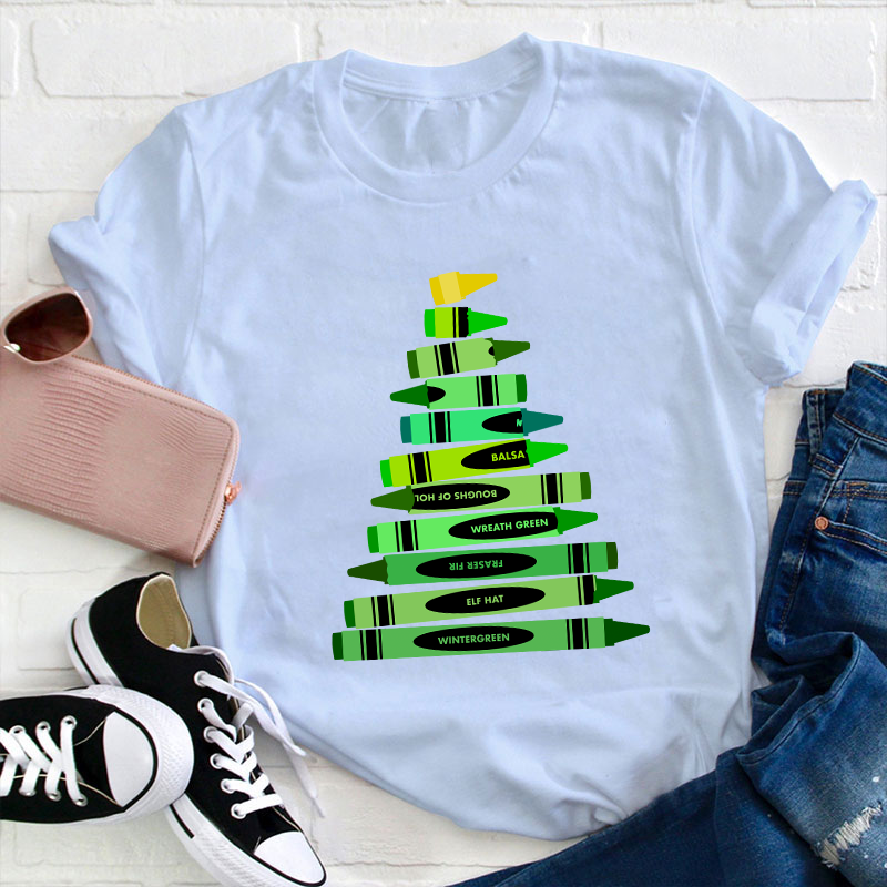 Green Crayon Christmas Tree Teacher T-Shirt