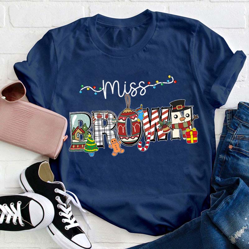 Personalized Name Cute Christmas Elements Teacher T-Shirt Sale-Teachersgram