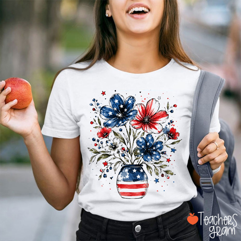 Watercolor American Flag Flower Teacher T-Shirt