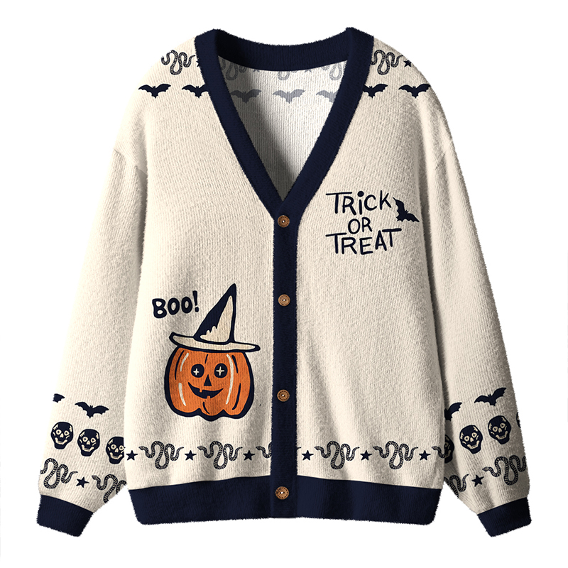 Vintage Halloween Trick Or Treat Teacher Cardigan Sweater