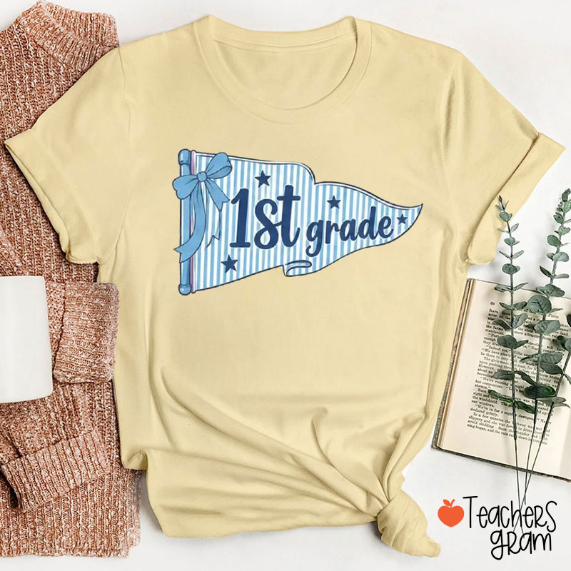 Personalized Grade Coquette Pennant Flag Teacher T-Shirt