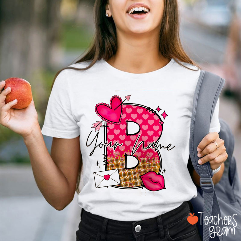 Personalized Name Valentine's Day Pink Hearts Doodle Letter Teacher T-Shirt