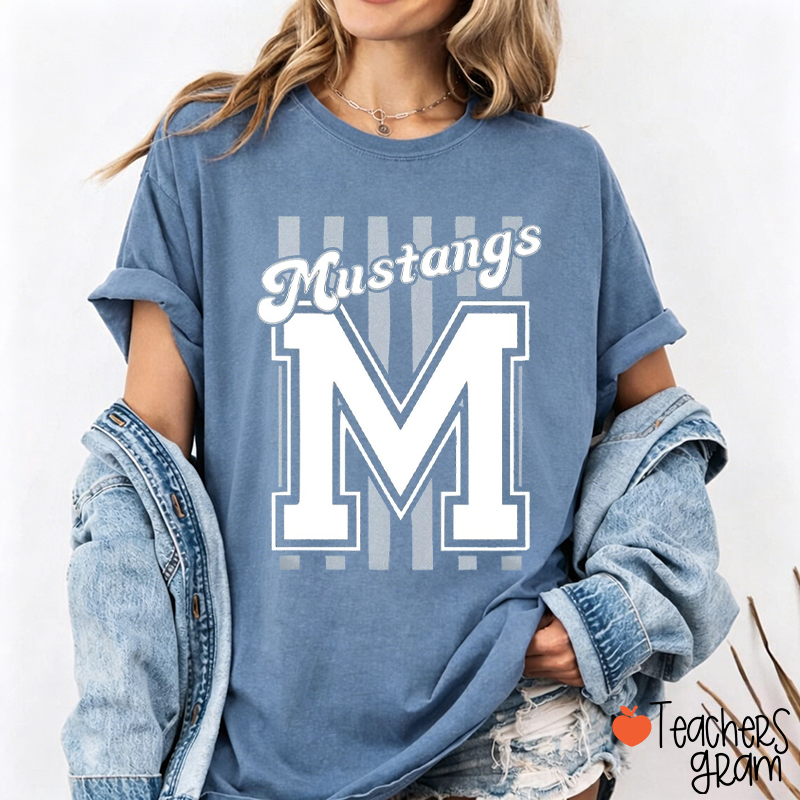 Personalized Mascot Striped Varsity Initial Letter Teacher T-Shirt