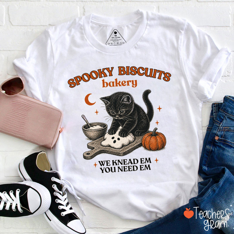 Spooky Biscuits Bakery Black Cat Halloween Teacher T‑Shirt