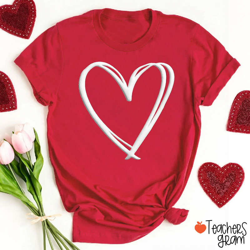Personalized Double Red Heart Puff Printed Teacher T-Shirt