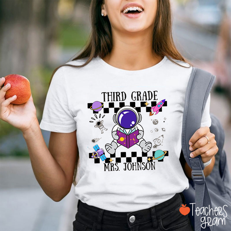 Personalized Grade Teacher Name Space Astronaut Checkerboard Planet Rocket Teacher T-Shirt
