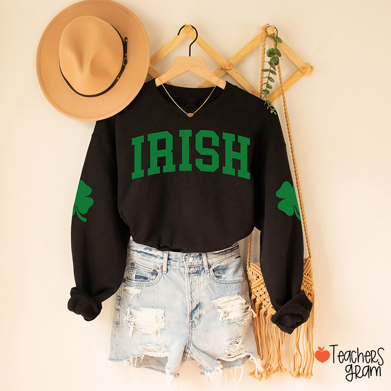 Irish Shamrock Elbow St. Patricks Day Teacher Sleeve Print Sweatshirt