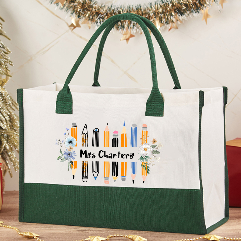 Personalized Name Colored Pencil Flowers Teacher Cotton Tote Bag