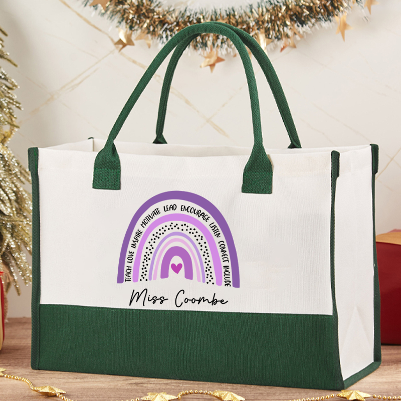 Personalized Purple Rainbow Teacher Cotton Tote Bag