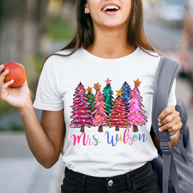 Personalized Name Colorful Christmas Trees Teacher T-Shirt