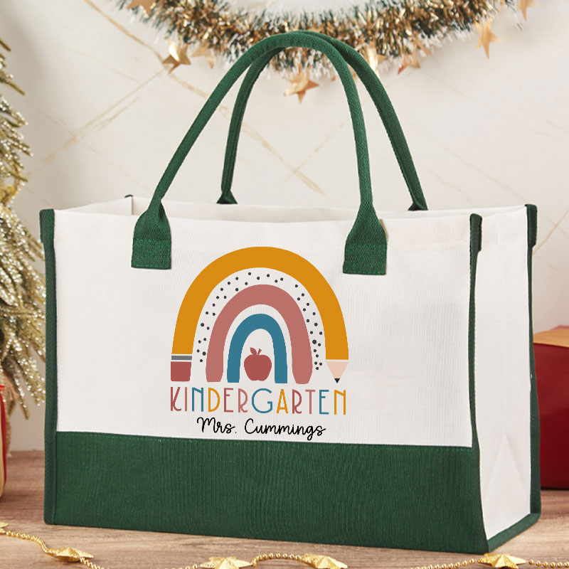 Personalized Name Rainbow Apple Teacher Cotton Tote Bag