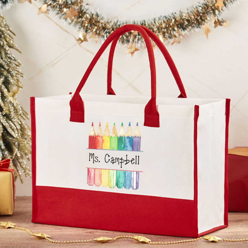 Personalized Teacher Letter Colorful Pencils Teacher Cotton Tote Bag
