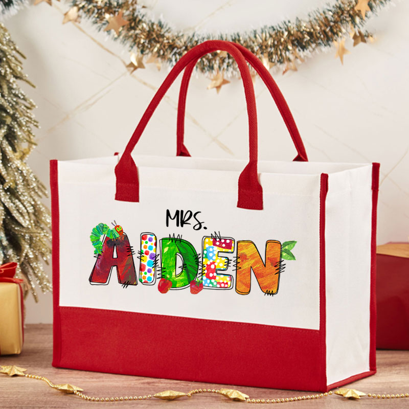 Personalized Name Caterpillar Apple Teacher Cotton Tote Bag