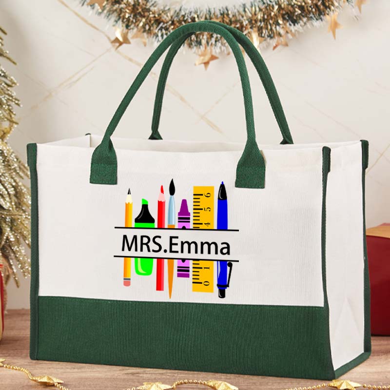Personalized Name Crayon Pencil Brush Stationery Teacher Cotton Tote Bag