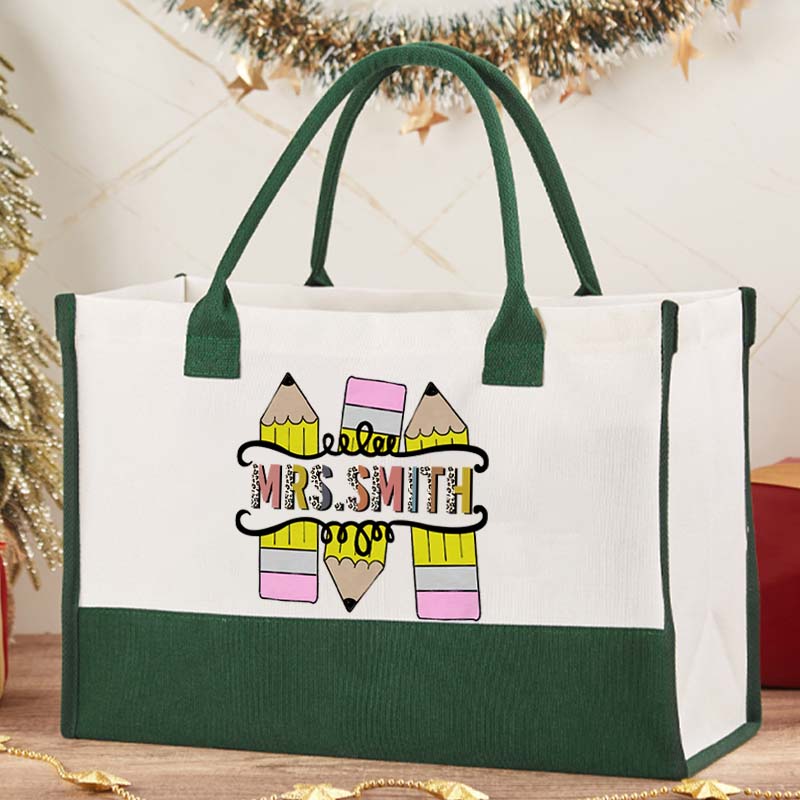 Personalized Colourful Pencil Teacher Cotton Tote Bag