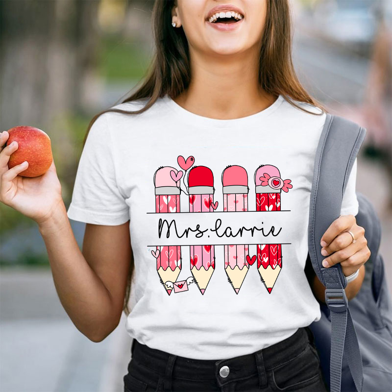 Personalized Pink Pencil Name Teacher T-Shirt