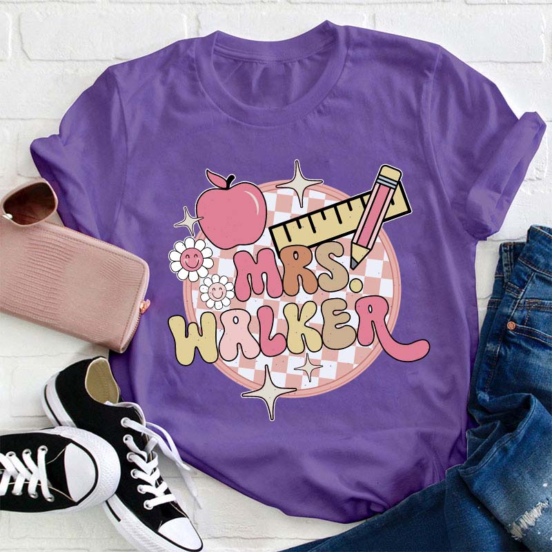 Personalized Pink Checkerboard Teacher T-Shirt