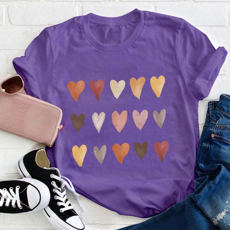 Skin Tone Kindness Watercolor Hearts Teacher T-Shirt