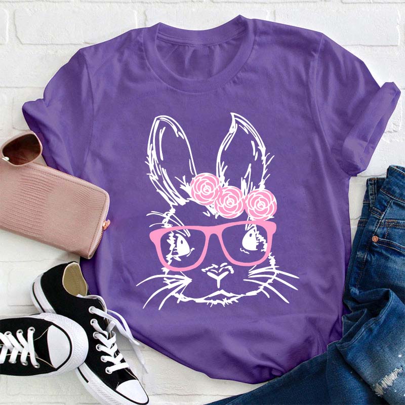 Bunny With Pink Glasses Teacher T-Shirt