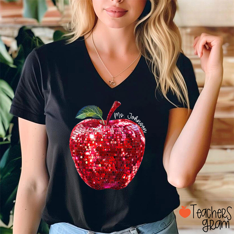Personalized Red Glitter Apple And Name Teacher Female V-Neck T-Shirt
