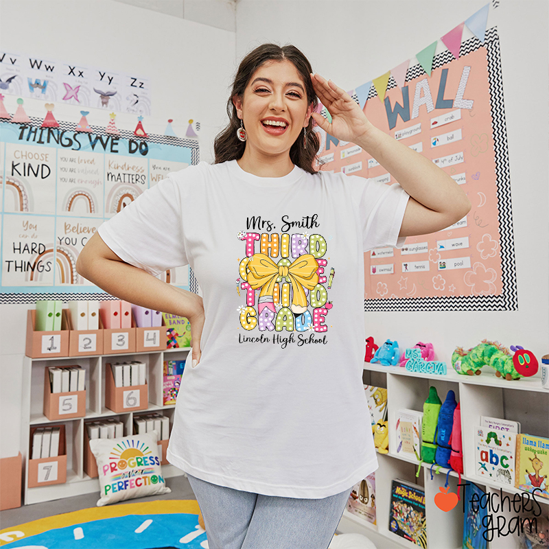 Personalized Grade And Name Pencil Bow Neon Fonts Teacher T-Shirt