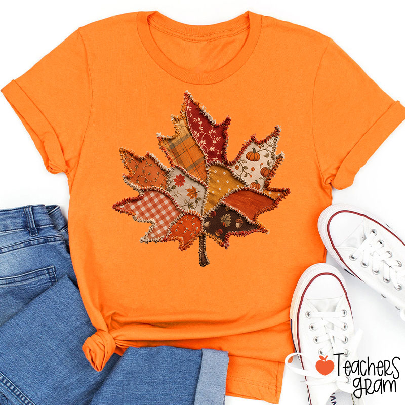 Vintage Patchwork Fall Maple Leaf Teacher T‑Shirt