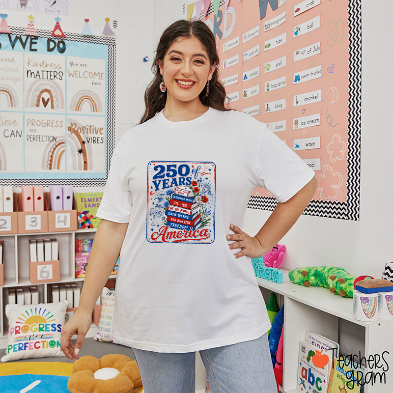 250 Years Of America Book Flowers Teacher T-Shirt