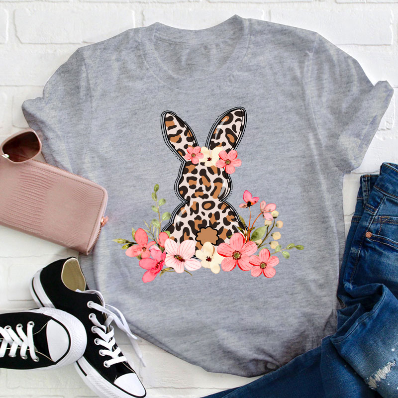 Leopard Floral Bunny Teacher T-Shirt