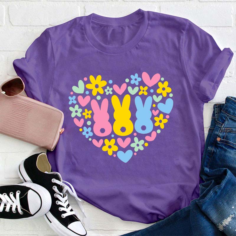 Floral Bunnies Heart Teacher T-Shirt