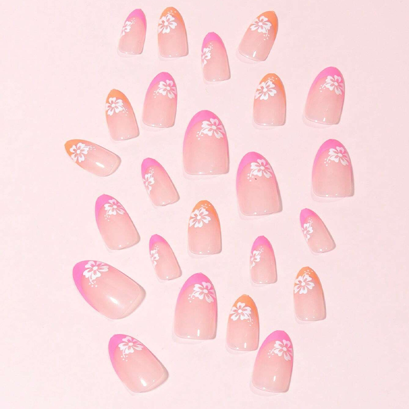 24pcs Long Almond Flower Pattern Full Cover Teacher Fake Nail