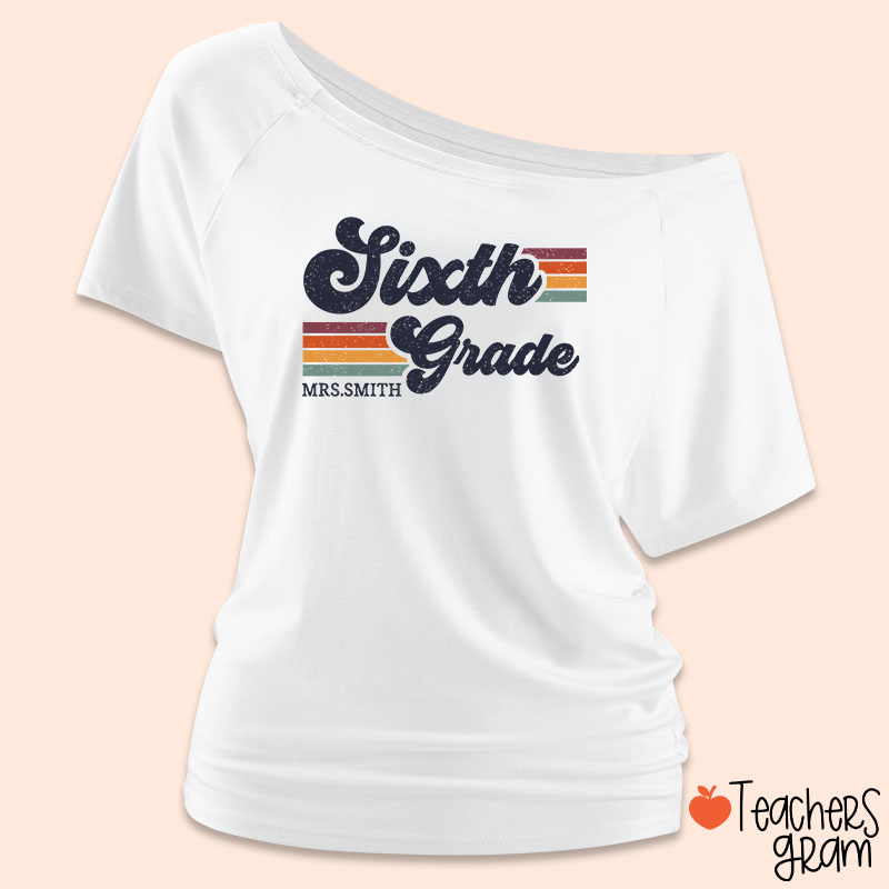 Personalized Grade And Name Retro Horizontal Stripes Teacher Off Shoulder Shirt