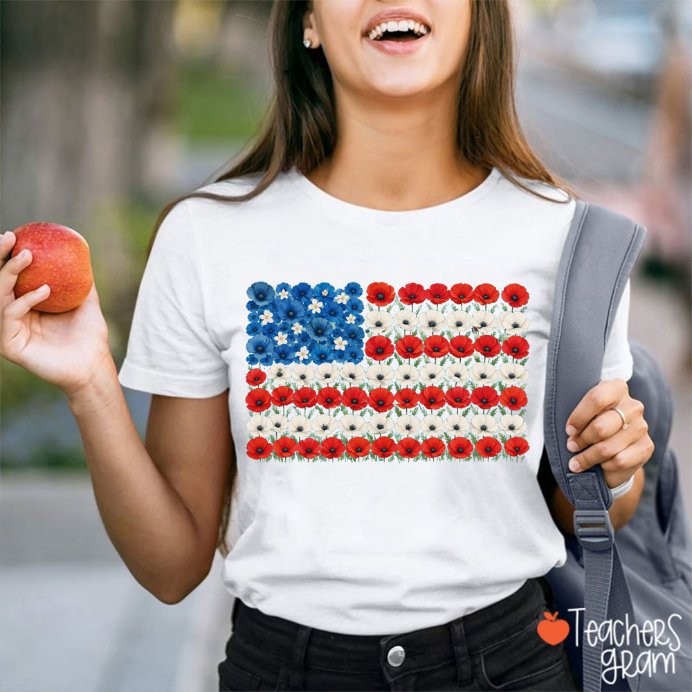 Floral American Falg Teacher T-Shirt