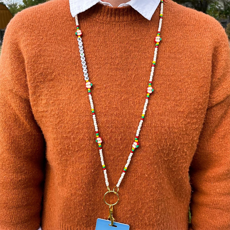 Personalized Beaded Beige And Apple Teacher Lanyard