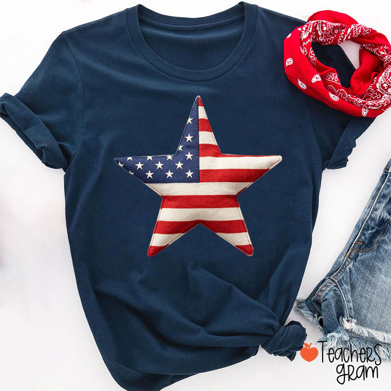 Faux Patchwork American Flag Star Teacher T-Shirt