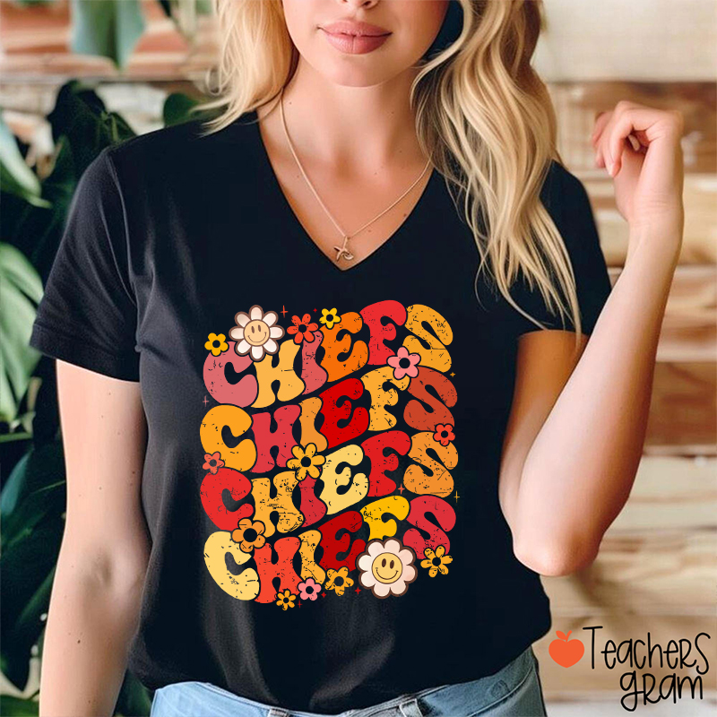 Personalized Mascot Game Day Flowers Teacher Female V-Neck T-Shirt