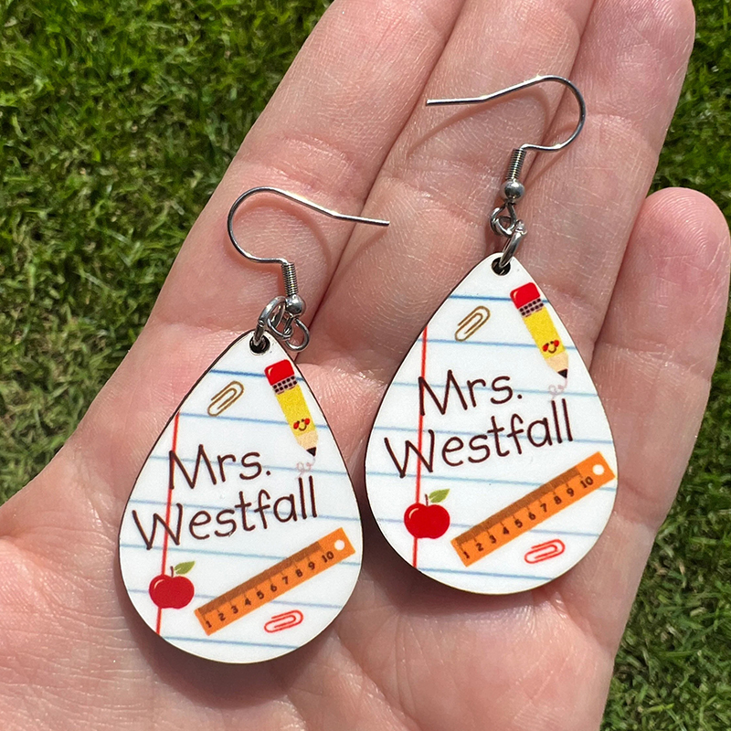 Personalized Name Notebook Pencil Teacher Wooden Earrings