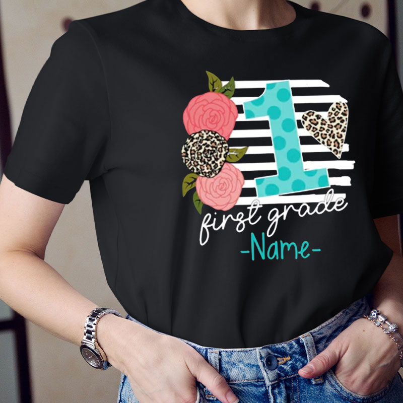 Personalized Grade With Stripes And Flowers Teacher T-Shirt