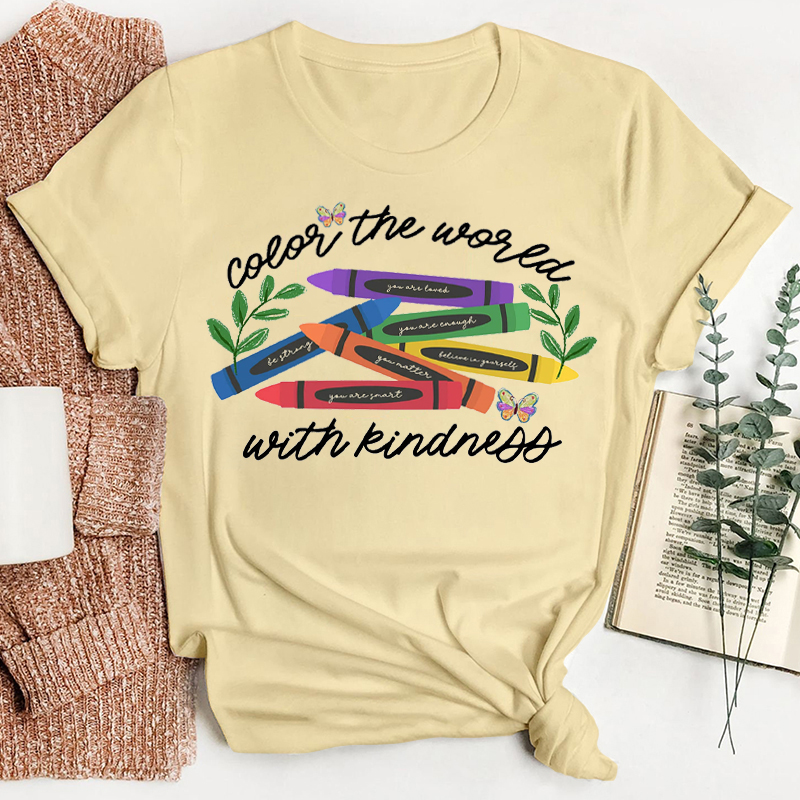 Crayon Color The World With Kindness Teacher T-Shirt