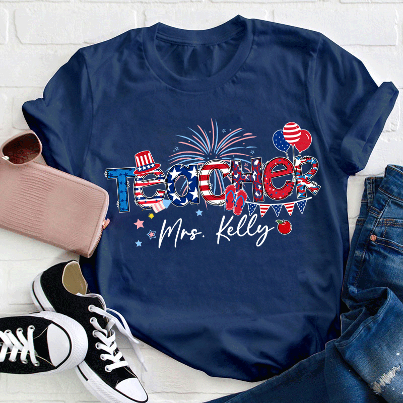 Personalized Name Flag Fireworks Balloon Teacher T-Shirt