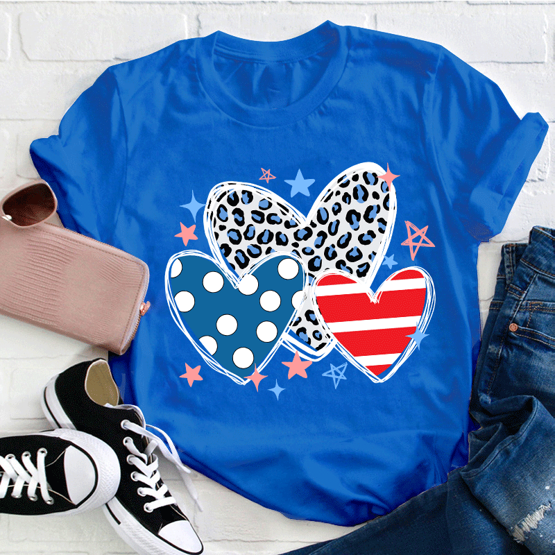 American Hearts Leopard Print Teacher T-Shirt