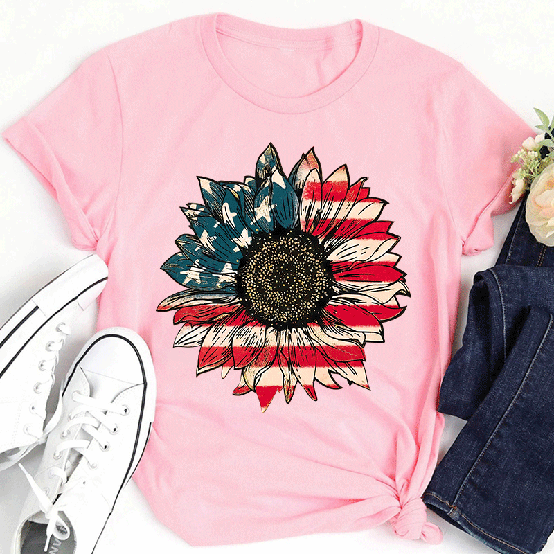 Vintage Flag Sunflower Teacher T-Shirt