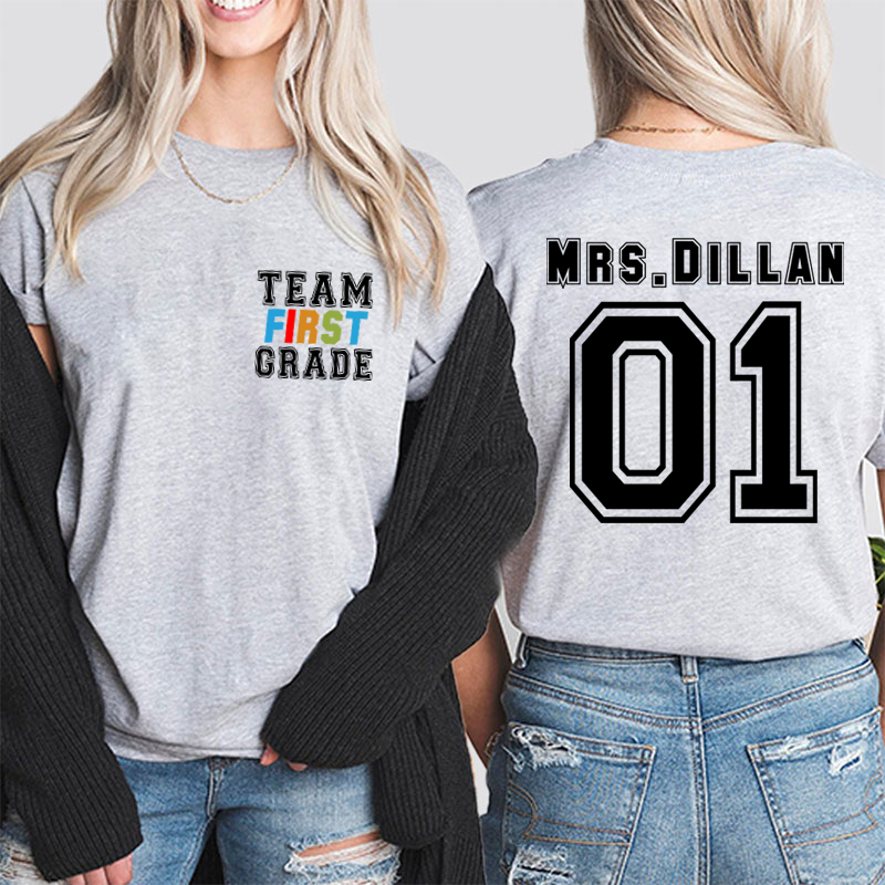 Personalized Retro Team Grade Teacher Two Sided T-Shirt