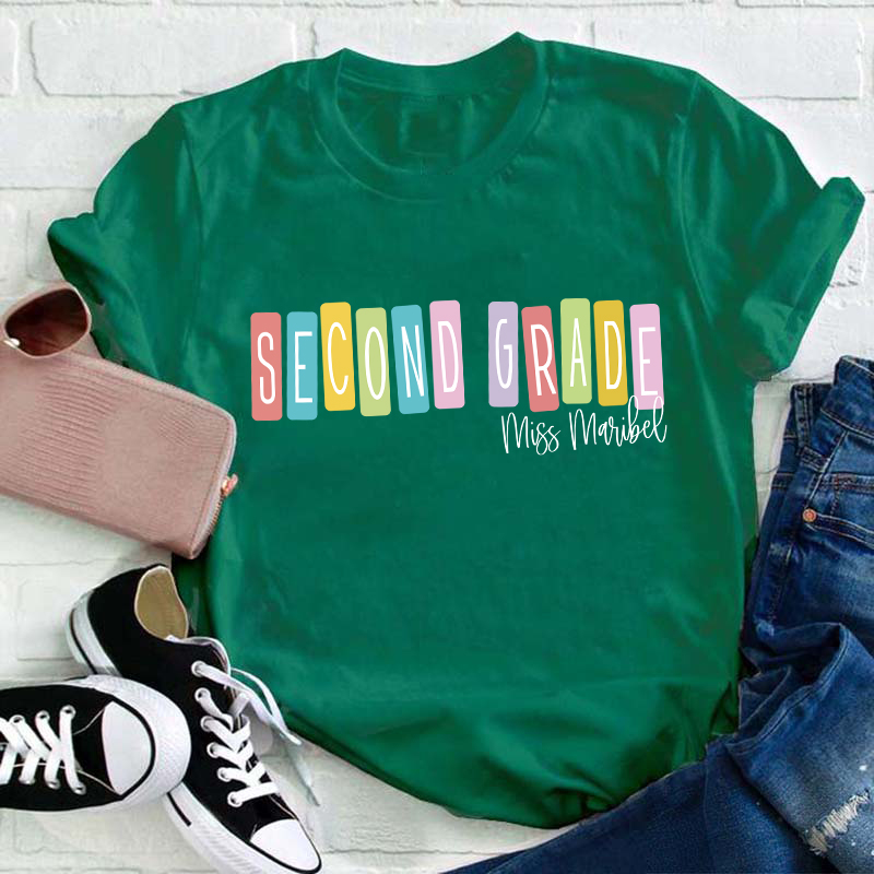 Personalized Macaron Color Grade And Name Teacher T-Shirt
