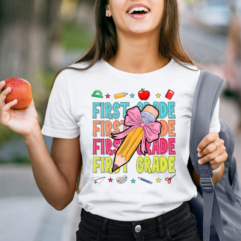 Personalized Class Bow Pencil Cute Icon Teacher T-Shirt