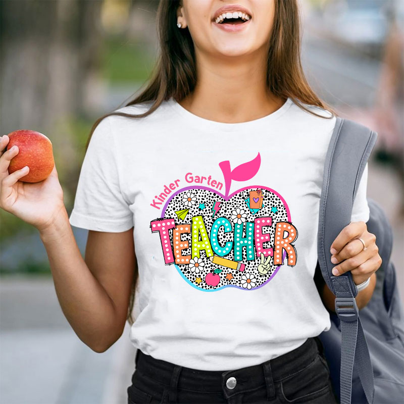 Personalized Neon Leopard Apple Grade Teacher T-Shirt
